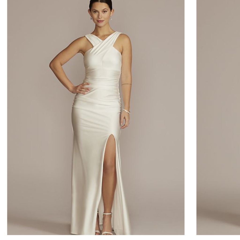 David's Bridal Ivory One-Shoulder Satin Gown With Side Slit